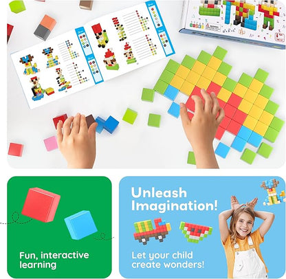 PicassoTiles 102pcs Pixel Magnetic Puzzle Cube 1” Pixel Mix &amp Match Toys with Ideabook STEM Education Learning Building Block Magnets Construction ToySet Stacking Creative Kit for Kids Age 3+ PMC1