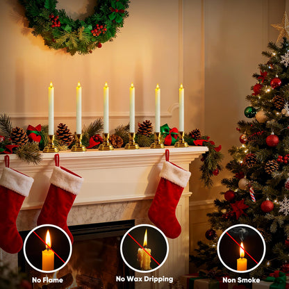 Meigic 6 Pcs Window Candles with Remote and Timer, White Battery Operated Candlesticks with Gold Holders, LED Christmas Candle for Window Home Xmas Holiday Decor