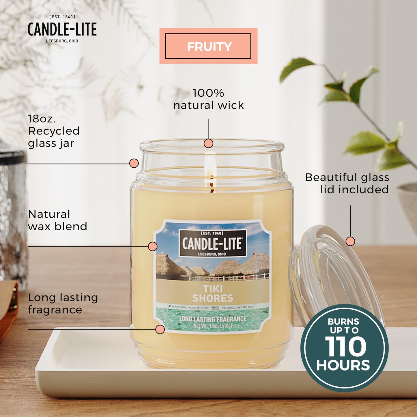 Candle-lite Scented Candles, Tiki Shores, 18 oz Jar, Proudly Poured in The USA, Aromatherapy Candle, Single-Wick with 110 Hours of Burn Time, Perfect for Creating a Refreshing Ambiance