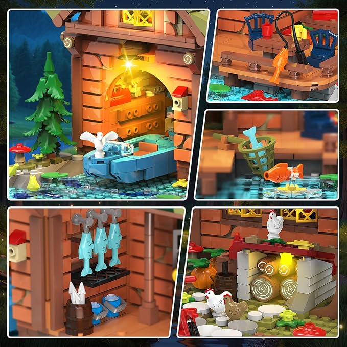 Overwater Cabin Mini Building Set with Light 2423 PCS Wooden Forest House Building Block Toy with Boat Bike Animals Home Decor Treehouse Construction Model Kit for Adults Teens Boys Girls 12+