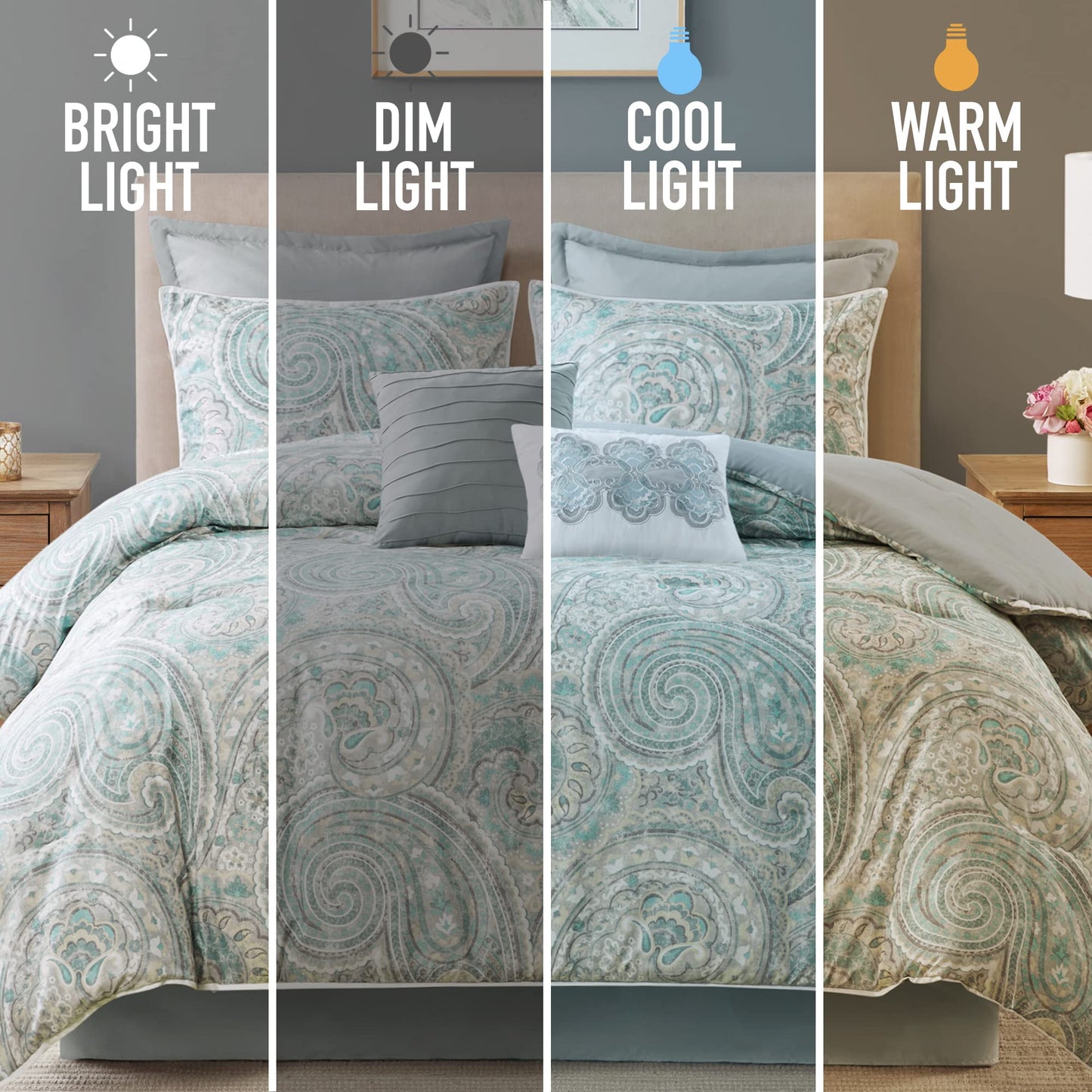 Comfort Spaces Cozy Comforter Set-Modern Classic Design, All Season Down Alternative Bedding, Matching Shams, Bedskirt, Decorative Pillows, Cal King, Kashmir Paisley Blue 8 Piece