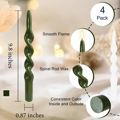 10 Inches Spiral Taper Candles Sticks Olive Green Twisted Candle Dripless Unscented Long Candles, Handmade Candlesticks for Wedding Dinner Decor, Set of 4