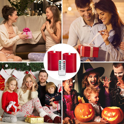 Woocodowe 3" x 4" Red Flameless Candles - LED Pillar with Remote, Timer, Flickering, 600+ Hour Battery Life, Ideal for Christmas, Halloween, and Indoor Decor (Red, 3"*4"-2pcs)