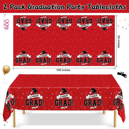 QZYL 2 PCS Graduation Tablecloth, 108" X 54" Red Graduation Table Decorations 2026, Disposable Plastic Tablecover for Grad Decor Party Supplies, Rectangle Table Cloths for Class 2026 Congrats Grad