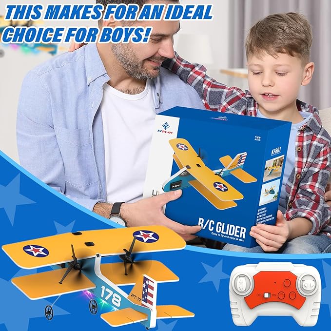 RC Plane 2.4Ghz Remote Control Airplane with 3 Batteries &amp 6-axis Gyro Stabilizer 2 Channel RTF PT-17 RC Toy Easy to Fly for Beginners Kids Boys Girls Adults (Yellow)