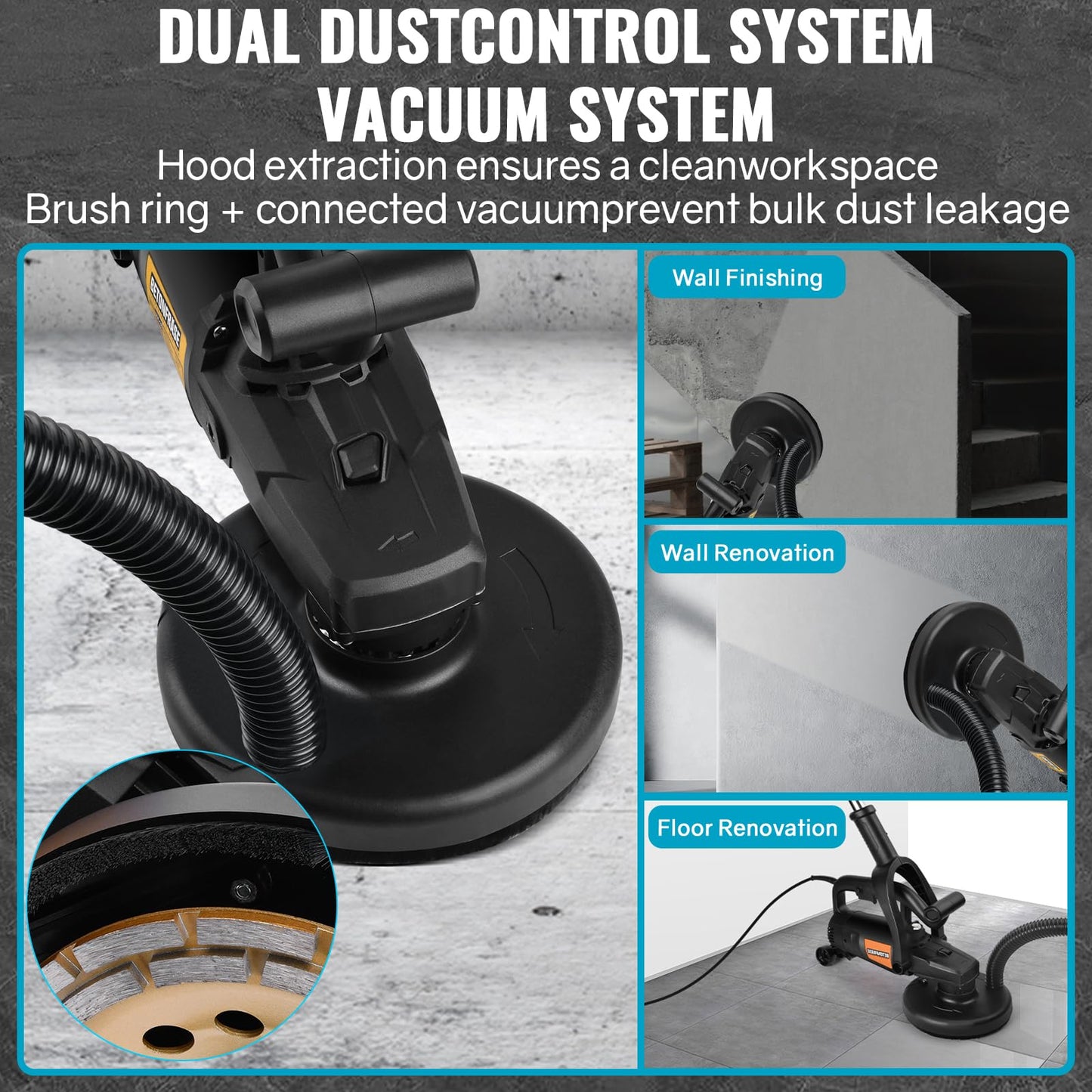 Concrete Grinder Set with Long Handle & Dust Extraction Shround, 7 Inch 3800W 6000RPM Concrete Floor Grinder Concrete Surface Planer 6 Gears & Auxiliary Wheels for Grinding Concrete Cement Marble