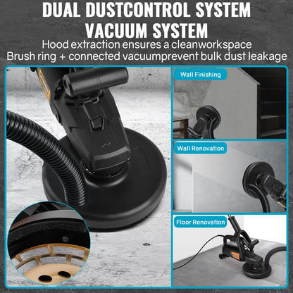 Concrete Grinder Set with Long Handle & Dust Extraction Shround, 7 Inch 3800W 6000RPM Concrete Floor Grinder Concrete Surface Planer 6 Gears & Auxiliary Wheels for Grinding Concrete Cement Marble