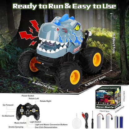 Remote Control Car for Boys 4-7 8-12 Dinosaur Monster Truck Toys with 50min+ Runtime Spray LED Light 360° Rotating &amp 90° Driving RC Stunt Car for Kids Birthday