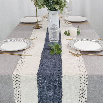 FEXIA Boho Table Runner 90 Inches Long with Tassels Farmhouse Rustic Cream & Blue Macrame for Dining Bedroom Baby Bridal Shower Decor(12x90 Inches)