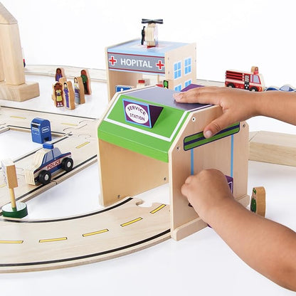 Guidecraft Community Buildings: Set of 6 Wooden Block Play Buildings (Fire Station Police Department Hospital School Grocery Store &amp Service Station)