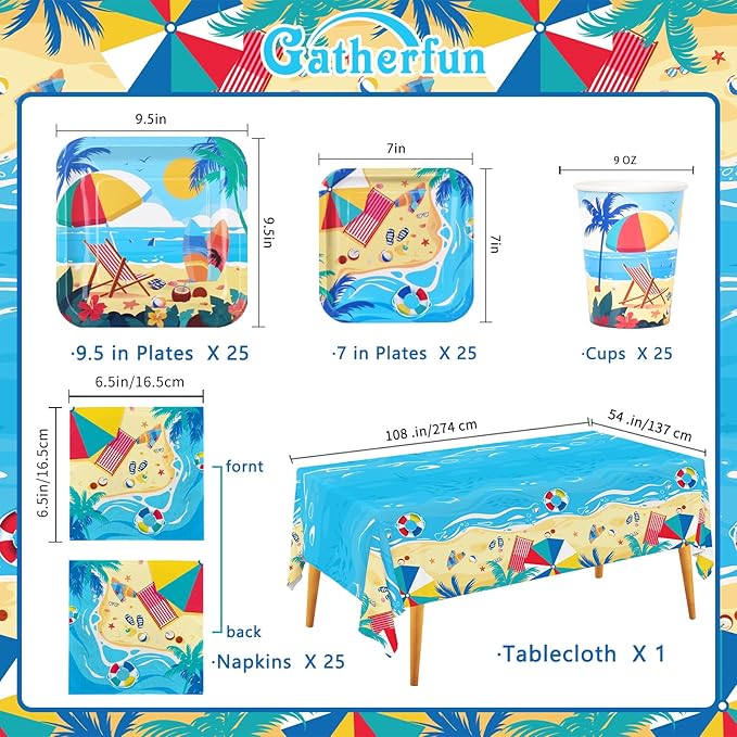 Beach Theme Party Supplies Summer Pool Pack Includes: Paper Dinner Plates Dessert Plates Luncheon Napkins Cups and Tablecloth for Hawaiian Party Birthday Decorations Serve 25