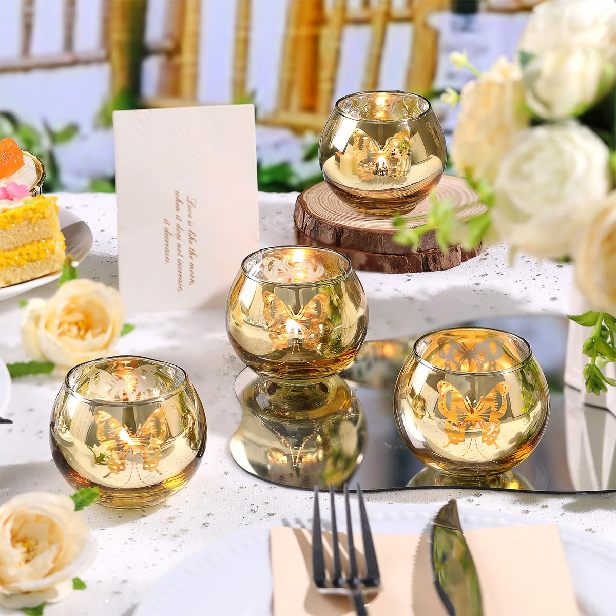 Gold Votive Candle Holders Set, 12 PCS Tea Lights Candle Holder Decorative Bulk with Butterfly Pattern, Candle Holders for Wedding, Birthday, Anniversary, Parties, and Holiday Decorations