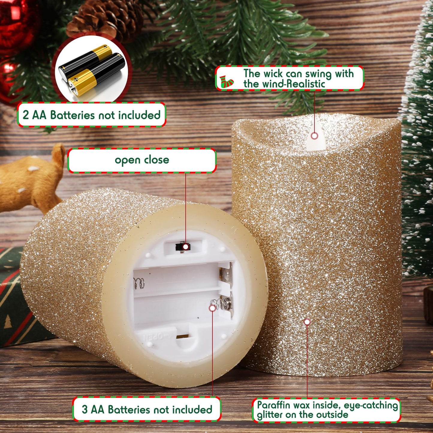 Retisee 4 Pack Valentine's Day Ivory Glitter Flameless Candles 3.5 x 5 Inches Flickering Flame Wick Pillar Battery Operated Real Wax LED Candle with Remote for Anniversary Wedding Birthday Home Decor
