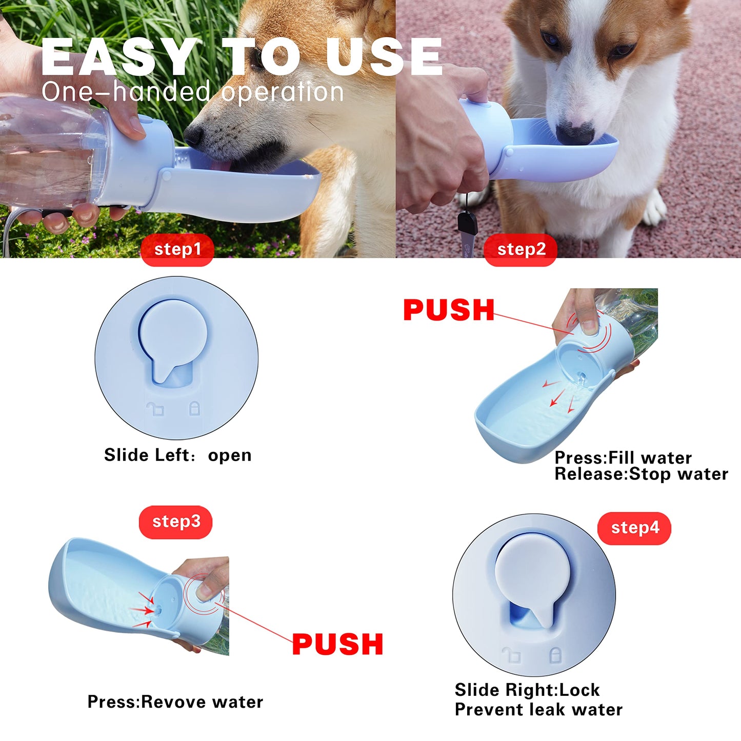 AVELORA Foldable Dog Water Bottle, Portable Dog Water Dispenser, Outdoor Pet Water Bottle for Cat, Puppy, Walking, Hiking, Travel. Dishwasher Safe, 10oz