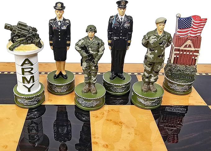 US Military Chess Set Army Navy Air Force or Marines. Choose 2 Branches of Men with 17 inch Walnut Color Storage Board (Army vs Marines)