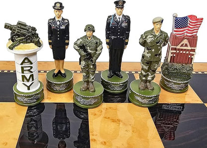US Military Chess Set Army Navy Air Force or Marines. Choose 2 Branches of Men with 17 inch Walnut Color Storage Board (Army vs Navy)