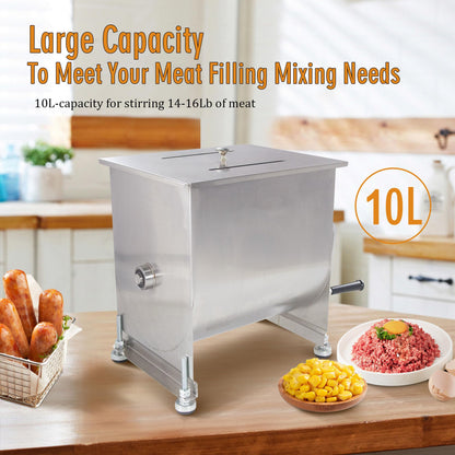 CMI Commercial Stainless Steel Manual Meat Mixers with lid,16Lb/10L Fixed Tank,(Mixing Maximum 15Lb for Meat),Sausage Mixer Machine Meat Processing Equipment