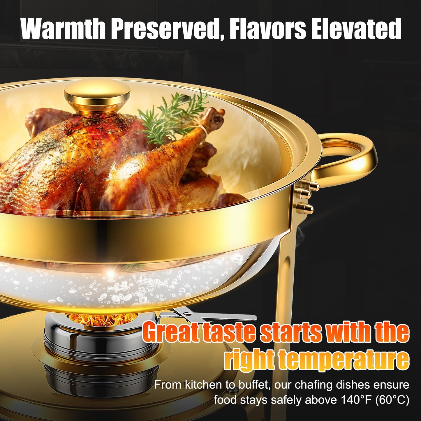 Chafing Dishes Buffet Food Warmer - Parties Servers Trays Catering Dish Warming Display Set - Chafers Keep Warm Serving Tray Round Heating Kit with Burners 4 Set Gold