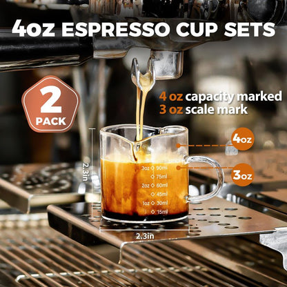 SENTVEND Espresso Cups Set of 2, 4 Oz Espresso Shot Glass with Handle Double Spout Measuring Cups with Scale Clear Glass Milk Cup Coffee Accessories Great for Making Coffee Desserts Salad Dressing
