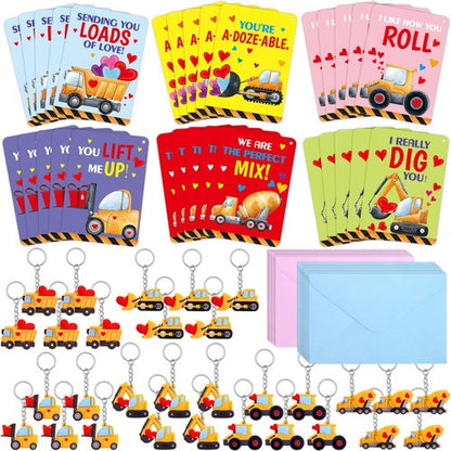Fancy Land Construction Valentines Cards with keychains 30 Pack Classroom Kids Valentine's Day Cards with Keychains Exchange Gift Set Boys Girls Goody Bag Favors Truck Tractor