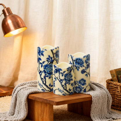 NjaoHoo Flameless Candles 4" 5" 6" Set of 3 Indoor Outdoor Pillars Battery Operated Flickering Candles Include 10-Key Remote Timer Function 500+ Hours (Blue Floral Printed)