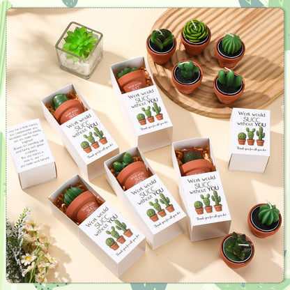 Lyrow 24 Sets Employee Appreciation Gift Cactus Tealight Candles Set Mini Handmade Succulent Candle Planter with Matchbox, Office Thanks Gift for End of Year Staff Team Teacher Volunteer