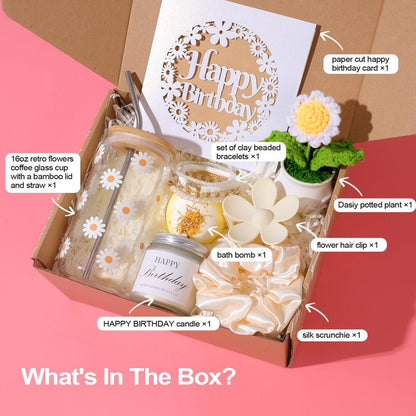 Landteek Fine Birthday Gifts For Women, Happy Birthday Gift Box For Girl,Teen Girl, Her, Women, Sister, Daughter, Friends, Cute Daisy Aesthetic Glass Cups Gift Set 8pcs