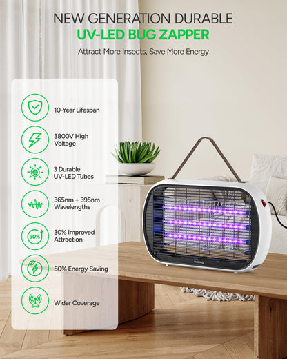 Buzbug Upgraded LED Bug Zapper Indoor, 10 Years Lifespan 3 Lamps Sustainable Less Power, 3800V Powerful Electric Mosquito Zapper, Durable Fly Trap Mosquito Trap, Fly Killer Fly Zapper -MA015PLUS