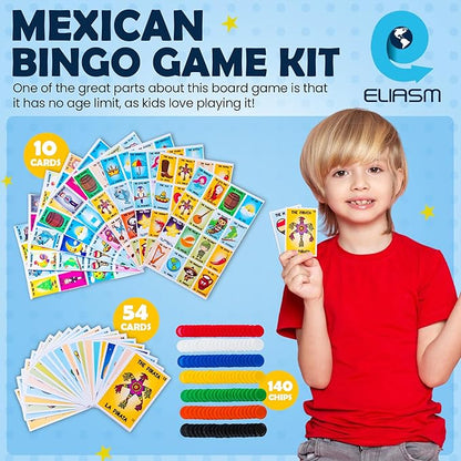 ELIASM Loteria Mexican Bingo Game - Bilingual English Spanish Game for 10 Players for Kids 5+ Adults &amp Seniors Educational Learning Game for Preschool Kindergarden Classroom Family Board Games
