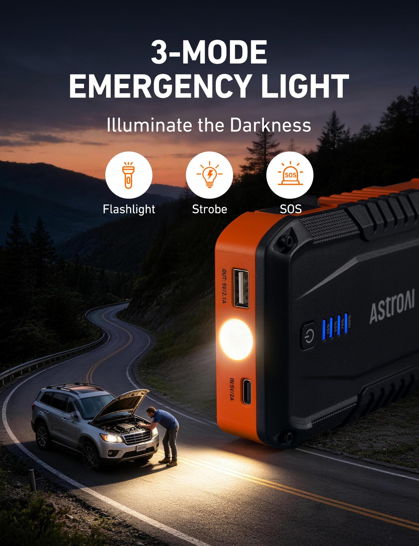 AstroAI S8 Car Battery Jump Starter, Car Jumper Starter Battery Pack for Up to 6.0L Gas & 3.0L Diesel Engines, 12V Portable Jump Box with 3 Modes Flashlight and Jumper Cable (Orange)