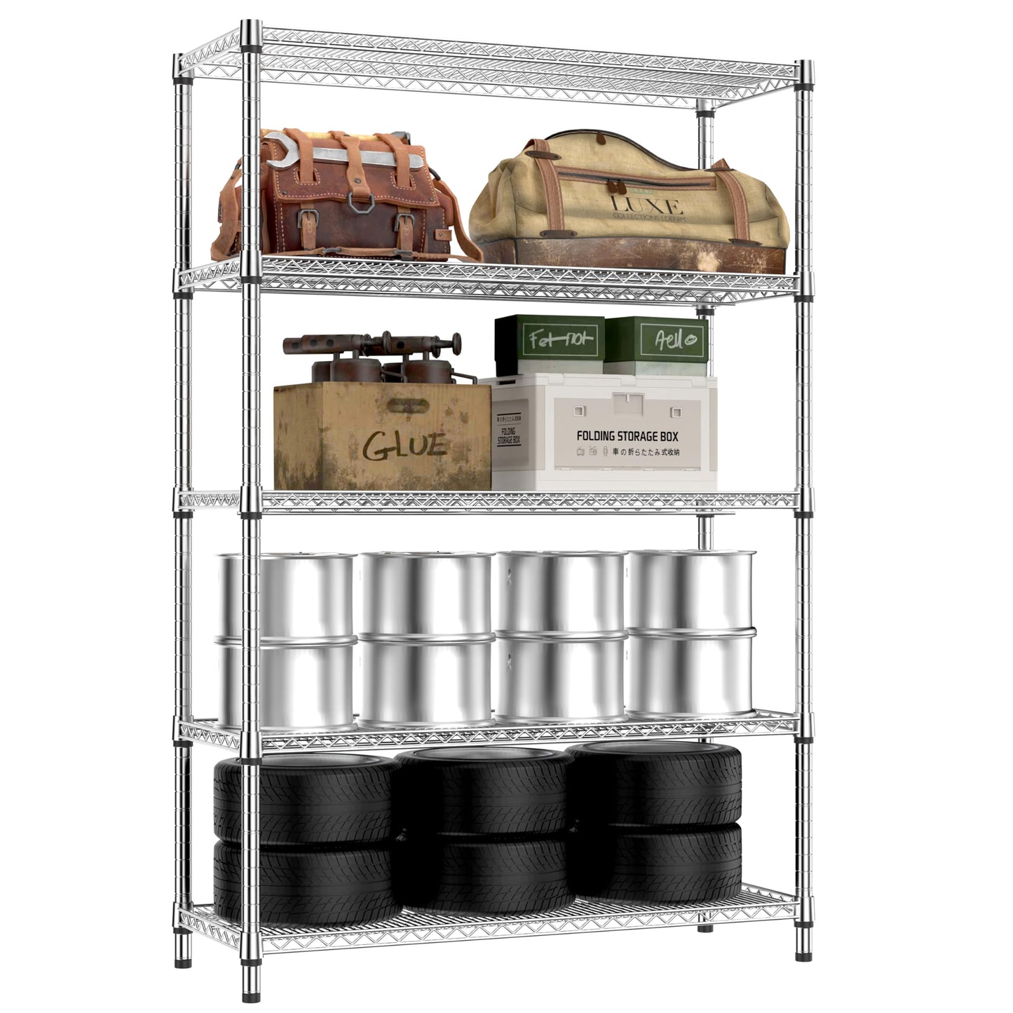 IZEUK 4250 LBS Garage Shelving Wide Storage Shelves 5 Tier Metal Shelves Heavy Duty Adjustable Utility Shelf Rack Chrome 17.7" D x 47.2" W x 70.4" H