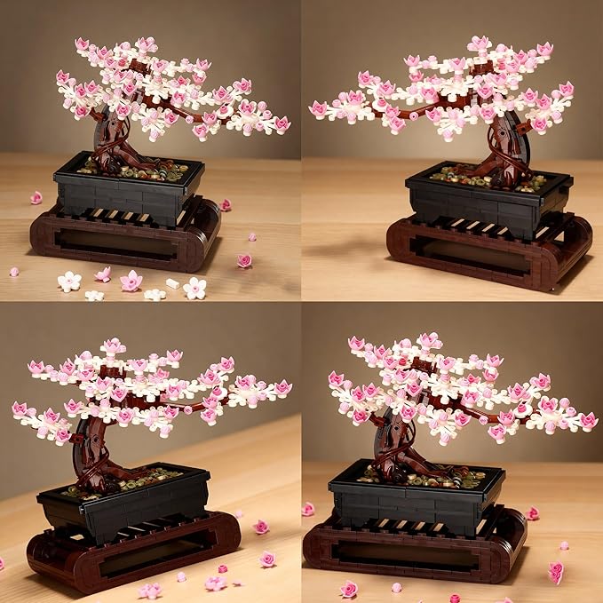 3IN1 Cherry Blossom Bonsai Tree Building Blocks Set Botanicals 3 Season Leaf Bonsai Tree Building Bricks Compatible with Lego Pink Flowers Plant Home Office Decor Ideal Gift for Adult Teen(1229PCS)