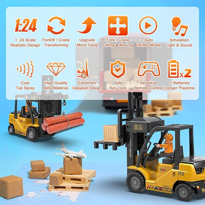 RC Forklift Truck 2 in 1 Transform Lift Fork &amp Hook Kids Forklift Toy 11 Channel Remote Control Forklift for Adults 2 Battery Spray Light RC Construction Vehicles Toy for Kids 6+ Gift