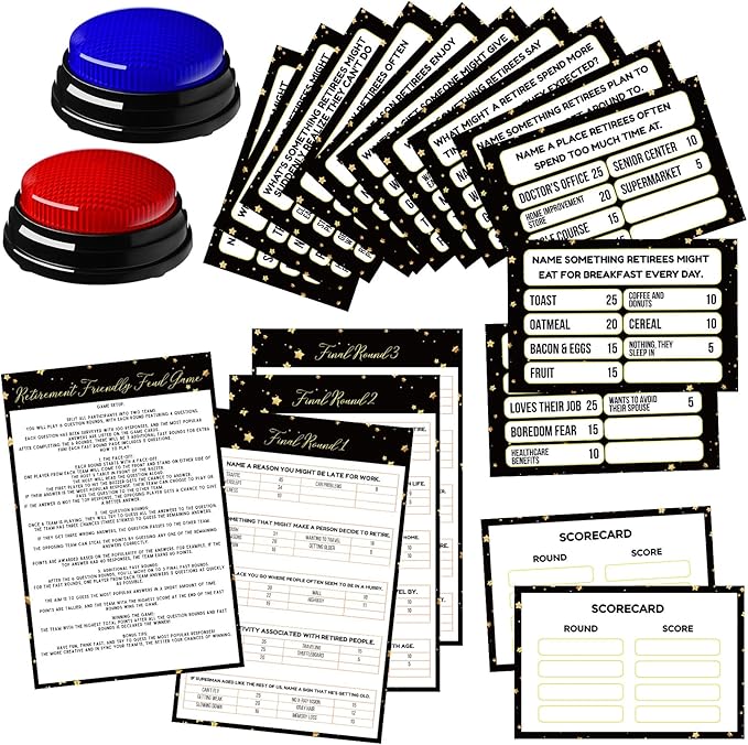 20 Pcs Retirement Friendly Feud Game Set Retirement Party Game Trivia Quiz with 18 Card 2 Buzzer for Adults Family Games Activities Party Supplies Battery Not Included