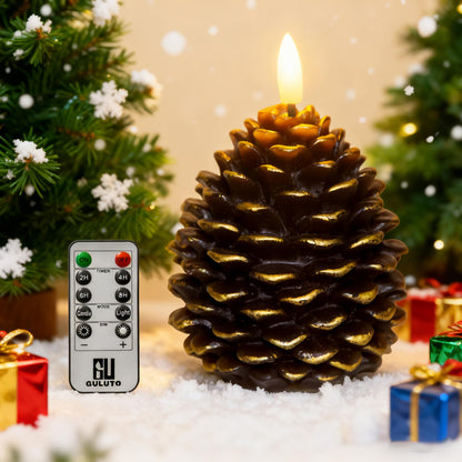 Guluto Flameless Pinecone Candles, Battery Operated Real Wax Candles, Led Flickering 3D Wick Candle with Remote and Timer for Christmas, Winter Holiday Decoration, 3.7'' x 5'' Brown
