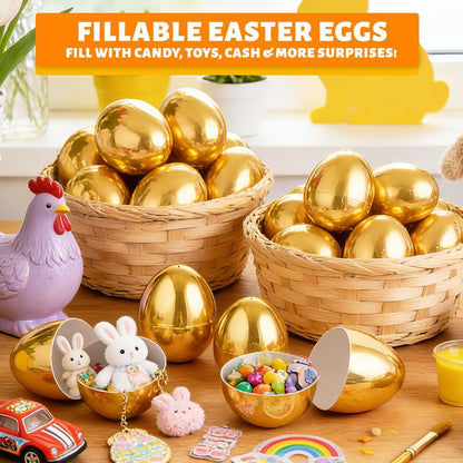 3.1" Large 50 Pack Golden Easter Eggs Fillable Plastic Easter Eggs Bulk Empty Easter Basket Stuffers for Easter Treats Filler Eggs Hunt Supplies Classroom Prize Easter Party Favors Packs Kids Toddler