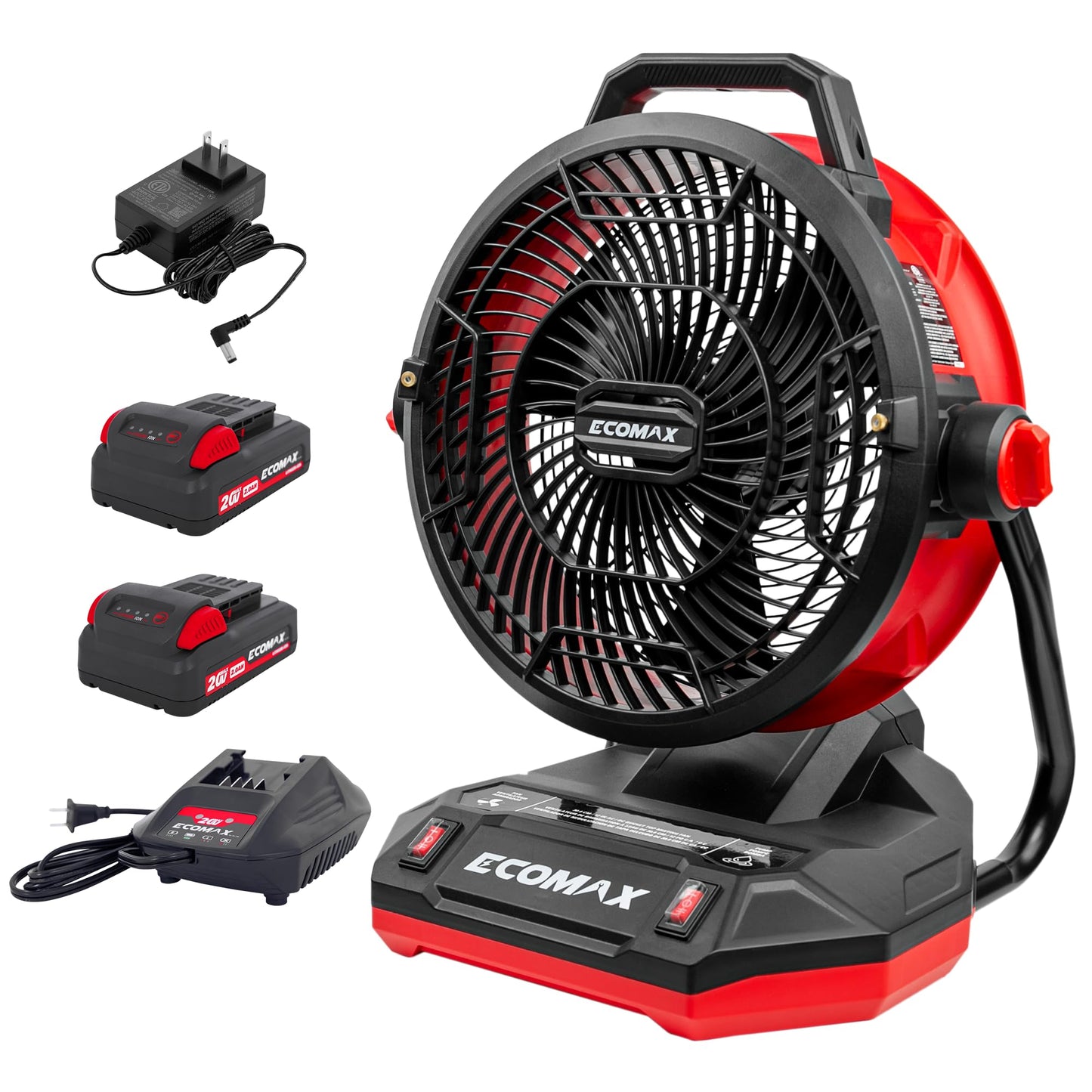 ECOMAX 12" AC/DC Bucket Top Misting Fan, Cordless with 2x20V Batteries & 2A Charger, 2-Speed Airflow & 2-Speed Mist Cooling Fan for Outdoor, Patio, Camping, Fits for 5-Gallon Bucket & Garden Hose
