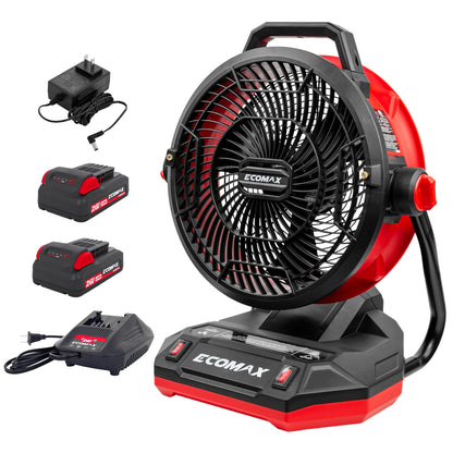 ECOMAX 12" AC/DC Bucket Top Misting Fan, Cordless with 2x20V Batteries & 2A Charger, 2-Speed Airflow & 2-Speed Mist Cooling Fan for Outdoor, Patio, Camping, Fits for 5-Gallon Bucket & Garden Hose