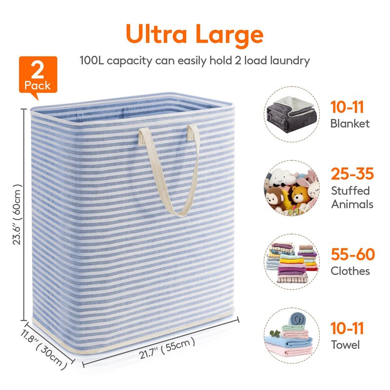 Lifewit 2 Pack Laundry Basket 100L Each, Collapsible Clothes Hamper with Reinforced Handles, Freestanding Waterproof Design for Bedroom and Laundry Room, Grey&Blue 200L Total