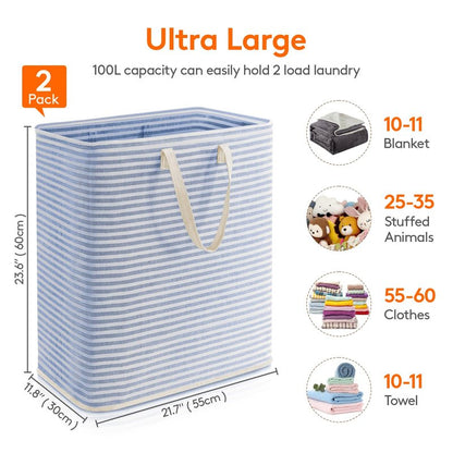 Lifewit 2 Pack Laundry Basket 100L Each, Collapsible Clothes Hamper with Reinforced Handles, Freestanding Waterproof Design for Bedroom and Laundry Room, Grey&Blue 200L Total