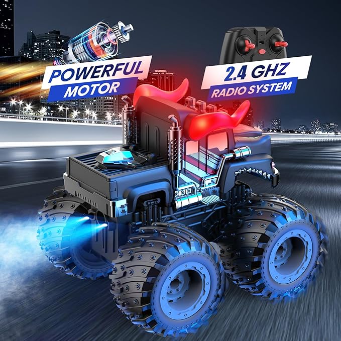 BAODLON Remote Control Monster Car 2.4GHz RC Bull Monster Truck Toys for 3 4 5 6 7 8 Years Old Boys Kid All Terrain RC Truck Off Road with Spray Light Rechargeable Battery Christmas Birthday Gift