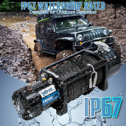 PROFLine Electric Winch 13000 lbs ATV Winch 12V with Synthetic Rope and Hook Truck Winch with Hawse Fairlead Remote Control for Towing UTV SUV Off Road Vehicle