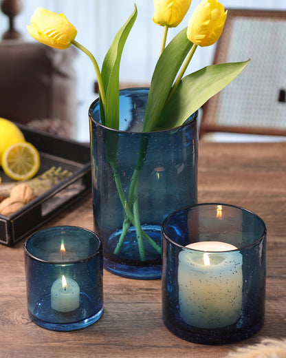 Hurricane Candle Holder Set of 3 Blue Candle Holders for Pillar Candles, Seeded Bubbles Glass Candle Holder, Blue Glass Cylinder Vases for Table Centerpieces, Home, Patio and Wedding 8" 4.7" 3.5"