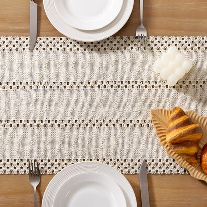 Socomi Boho Table Runner Summer Farmhouse Rustic Dining Kitchen Centerpiece Decor Small Macrame Woven Cotton Linen Coffee Table Runner for Dresser Scarf Home Decor 12x36 inch Beige