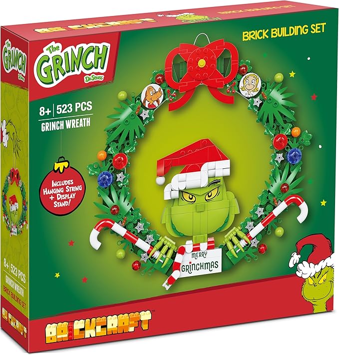 Brickcraft Grinch Wreath Brick Building Blocks Kit 523 PCS Christmas Holiday Décor Fun Hanging Display &amp DIY Decoration Perfect for Kids Teens &amp Adults Festive Grinchmas Collectible Xmas