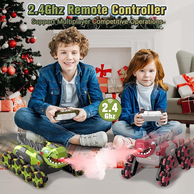8 Wheels Dinosaur Transform RC Stunt Car - 2.4Ghz Remote Control Dinosaurs Monster Truck with Transforming &amp Spray &amp 360° Rotation Dinosaur Toys for Kids 5-7 8-12 Boy Christmas Birthday Gift