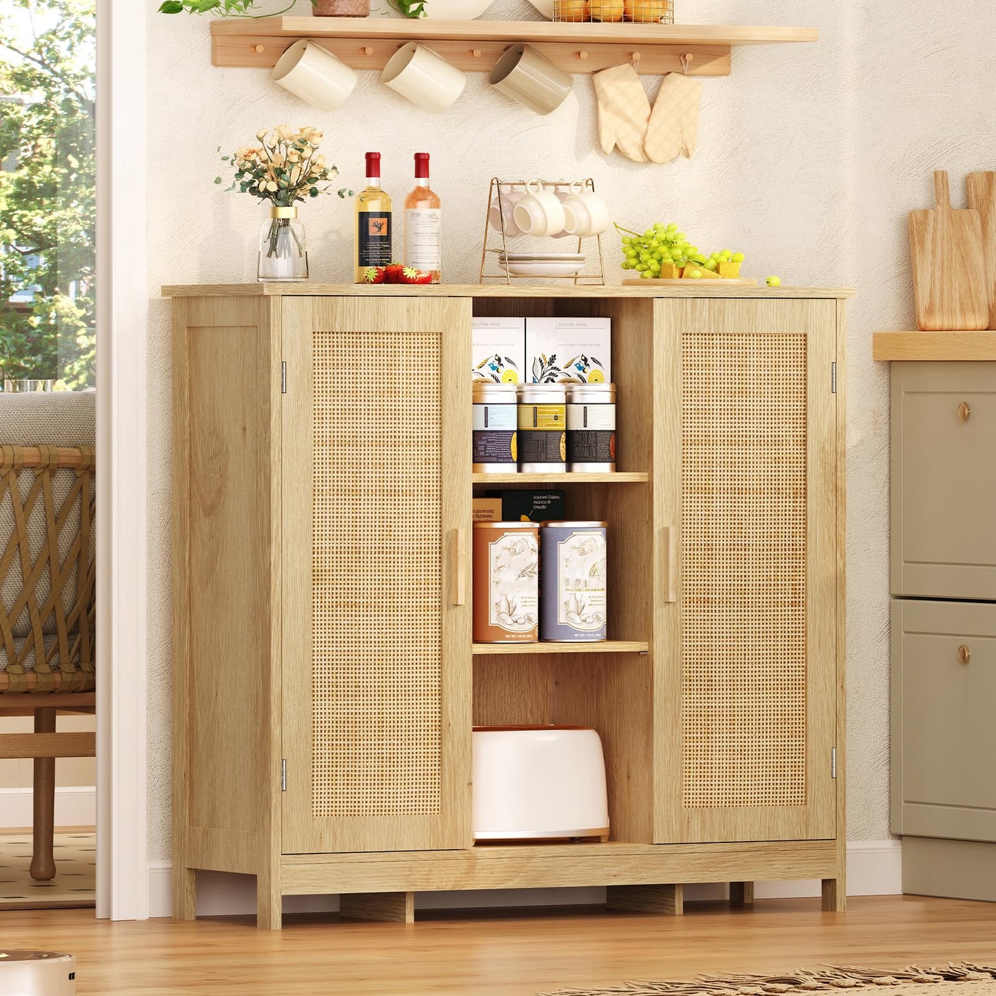 Iwell Rattan Storage Cabinet with 4 Adjustable Shelves, Coffee Bar Cabinet, Sideboard Buffet for Kitchen, Living Room, Entryway, Natural