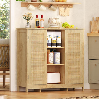 Iwell Rattan Storage Cabinet with 4 Adjustable Shelves, Coffee Bar Cabinet, Sideboard Buffet for Kitchen, Living Room, Entryway, Natural