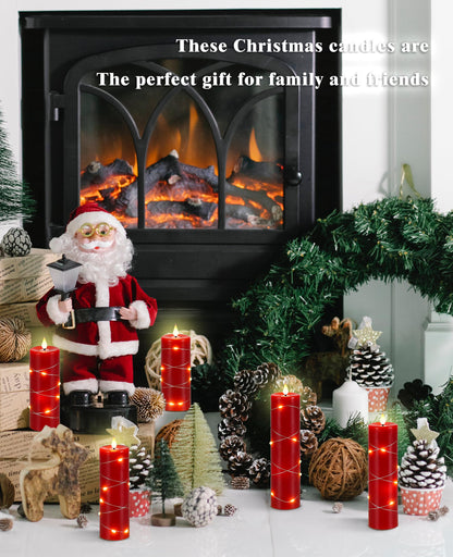 Upinmz Red Flameless Candle with Remote Control and Timer,Flickering Battery Operated Candles with String Lights,LED Pillar Candles,Set of 5