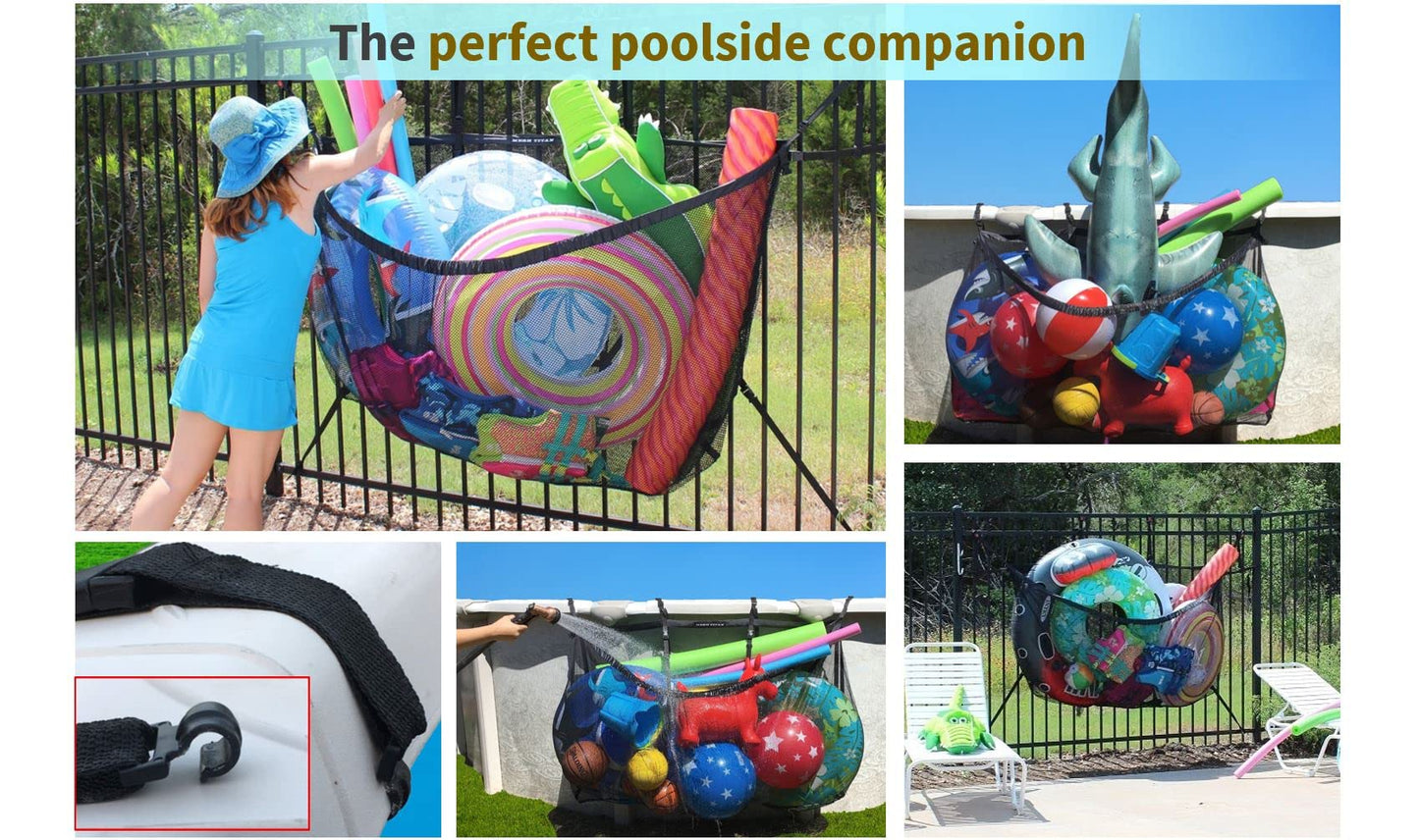 MeshTitan Heavy-Duty Pool Storage Bag - Floats & Toys Organizer with Sturdy Mesh & Anti-Sagging Support (Black)